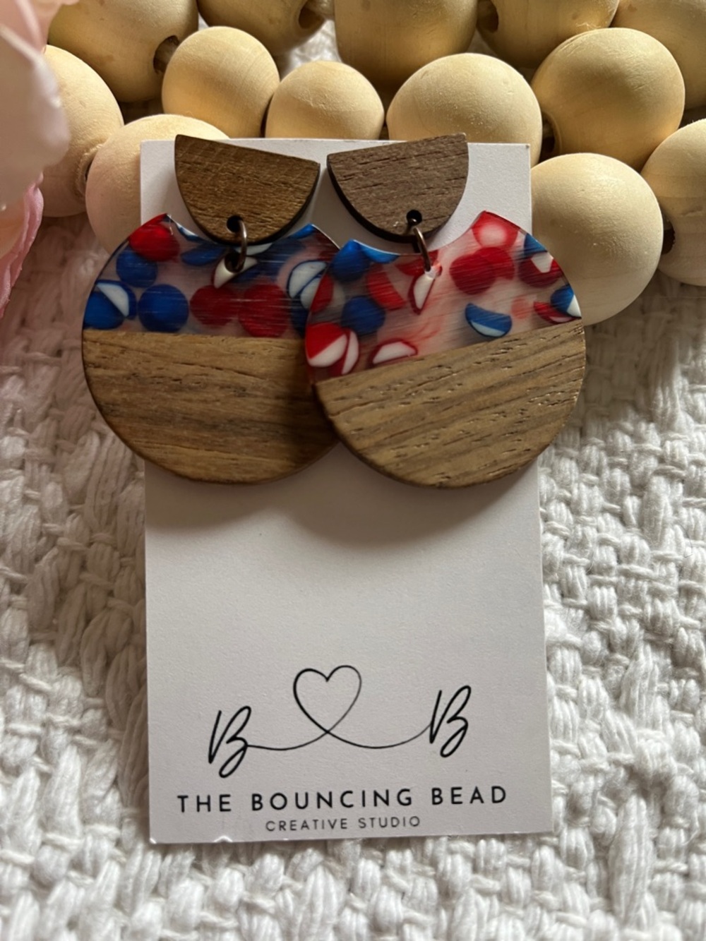 Red, Blue & White Confetti Acrylic + Wood Drop Earrings